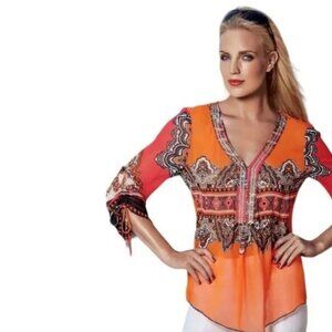 Joseph Ribkoff Bulgaria 🇧🇬 Made Semi Sheer Beaded Rhinestone V neck Top Size 4